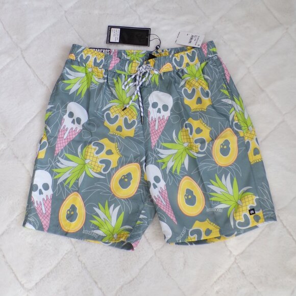 Micros Skull Pineapple Avocado Ice Cream Swim Trunks, Mesh Pockets Drawstring - Picture 1 of 11